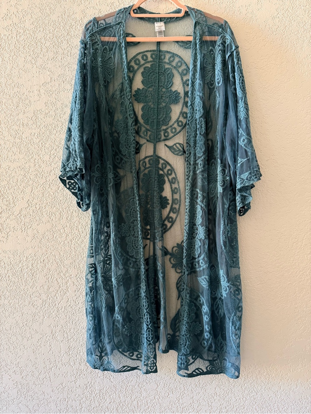 Boho Lace Sheer Teal Embroidered Floral Lace Kimono Duster Cardigan Robe Sz XXL
